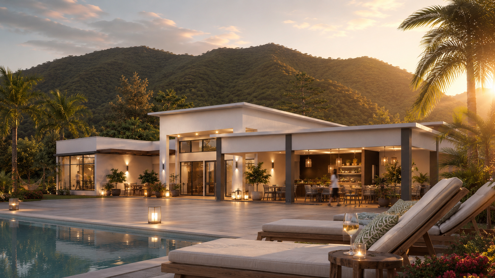 The heart of Valle de Samsara — a clubhouse featuring a swimming pool, cafe, gym, yoga facilities, and family-friendly spaces designed for relaxation and community connection near San Juan del Sur.