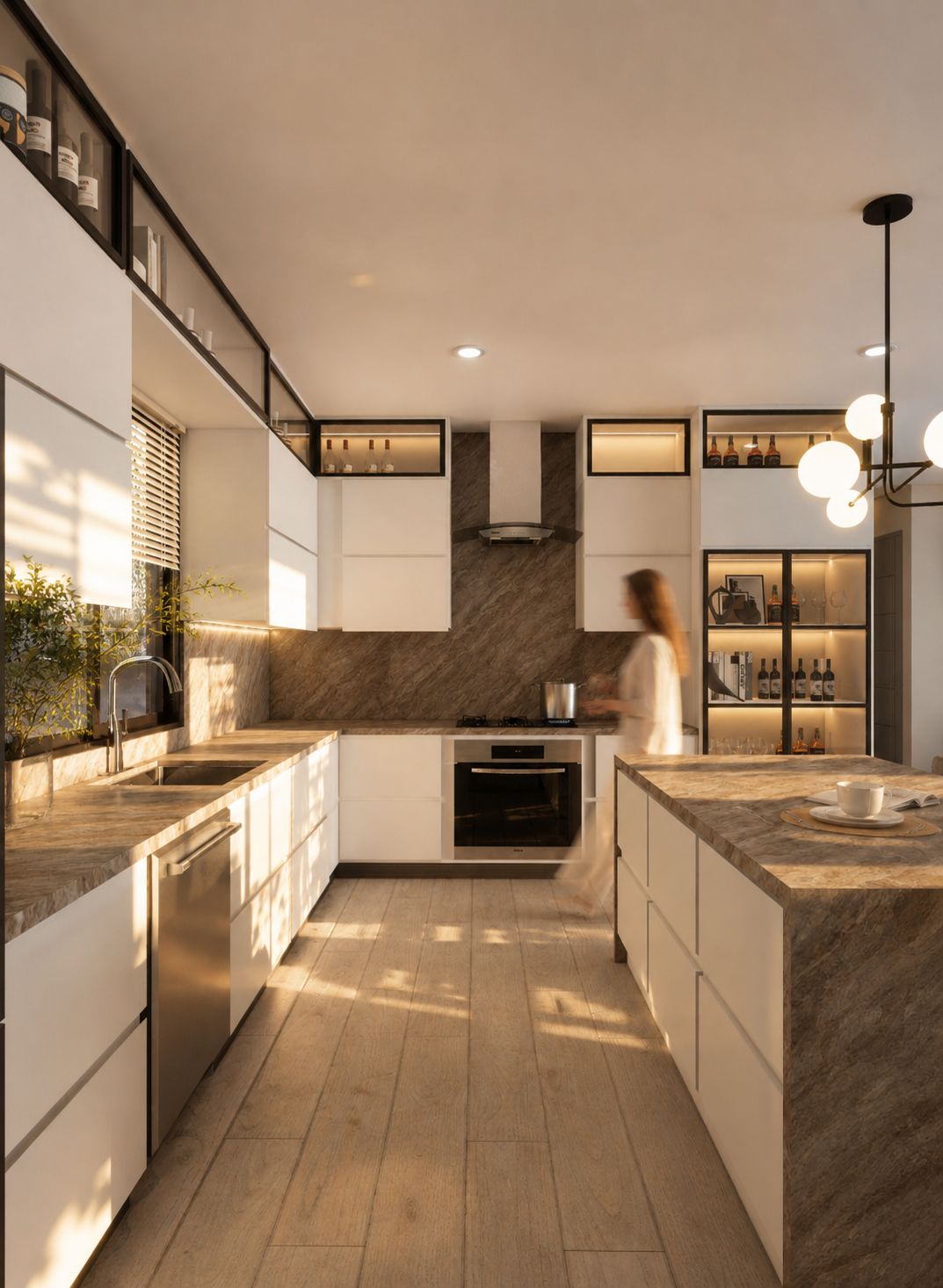 Woman silhouette in a modern kitchen with ocean view, Casa Quatro, Valle de Samsara, Nicaragua. 4-bedroom luxury home design.