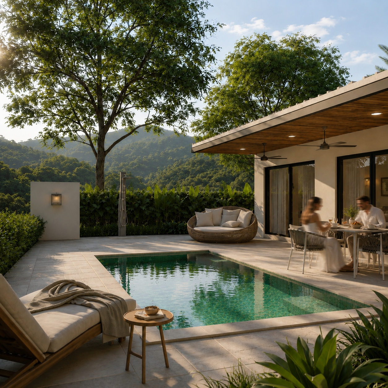 Couple having breakfast by the pool in a tropical backyard with mountain and jungle views, Casa Quatro, Valle de Samsara, Nicaragua.