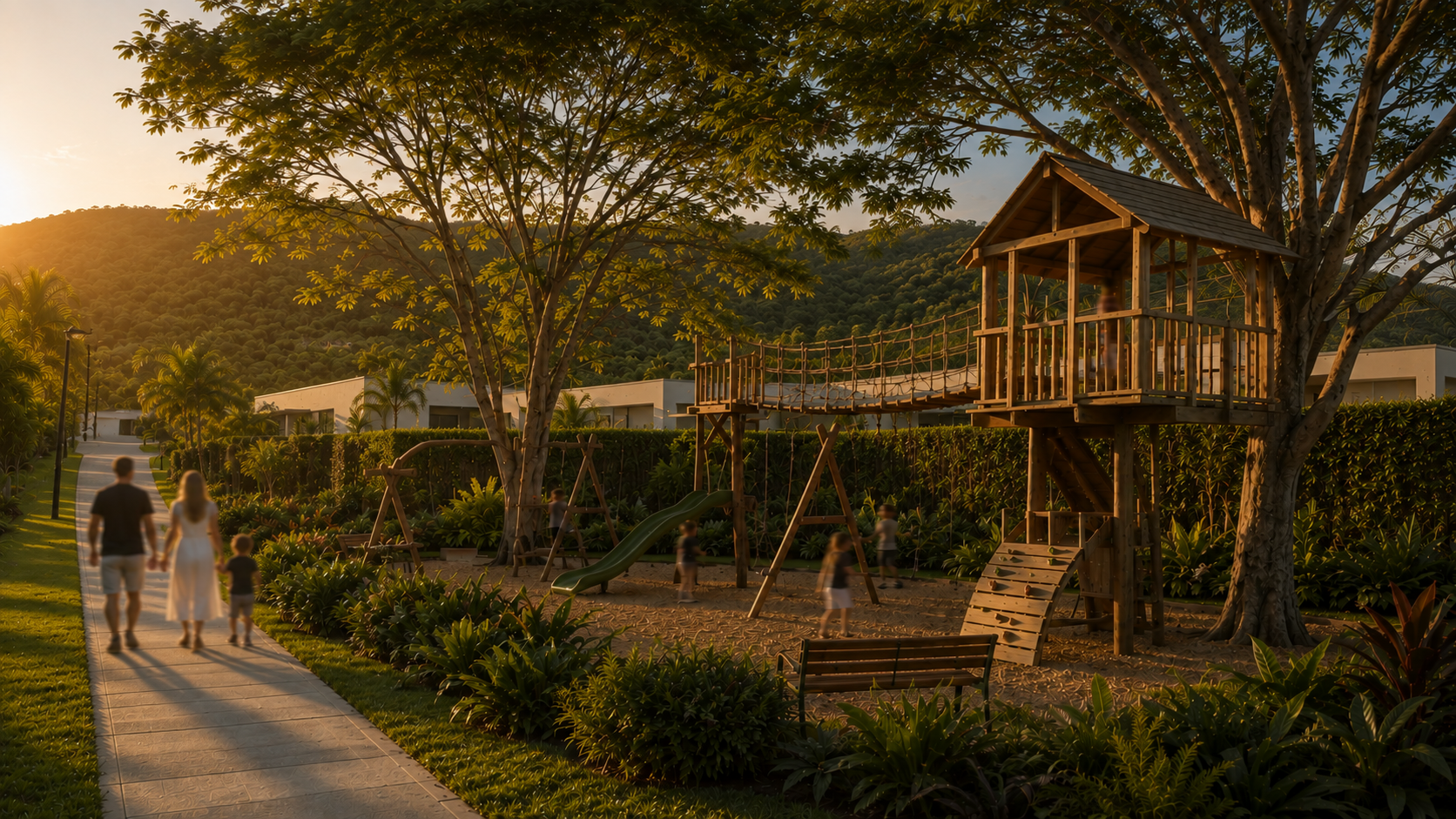 Playground and quiet streets in Valle de Samsara residential community, surrounded by mountains at sunset, San Juan del Sur, Nicaragua.
