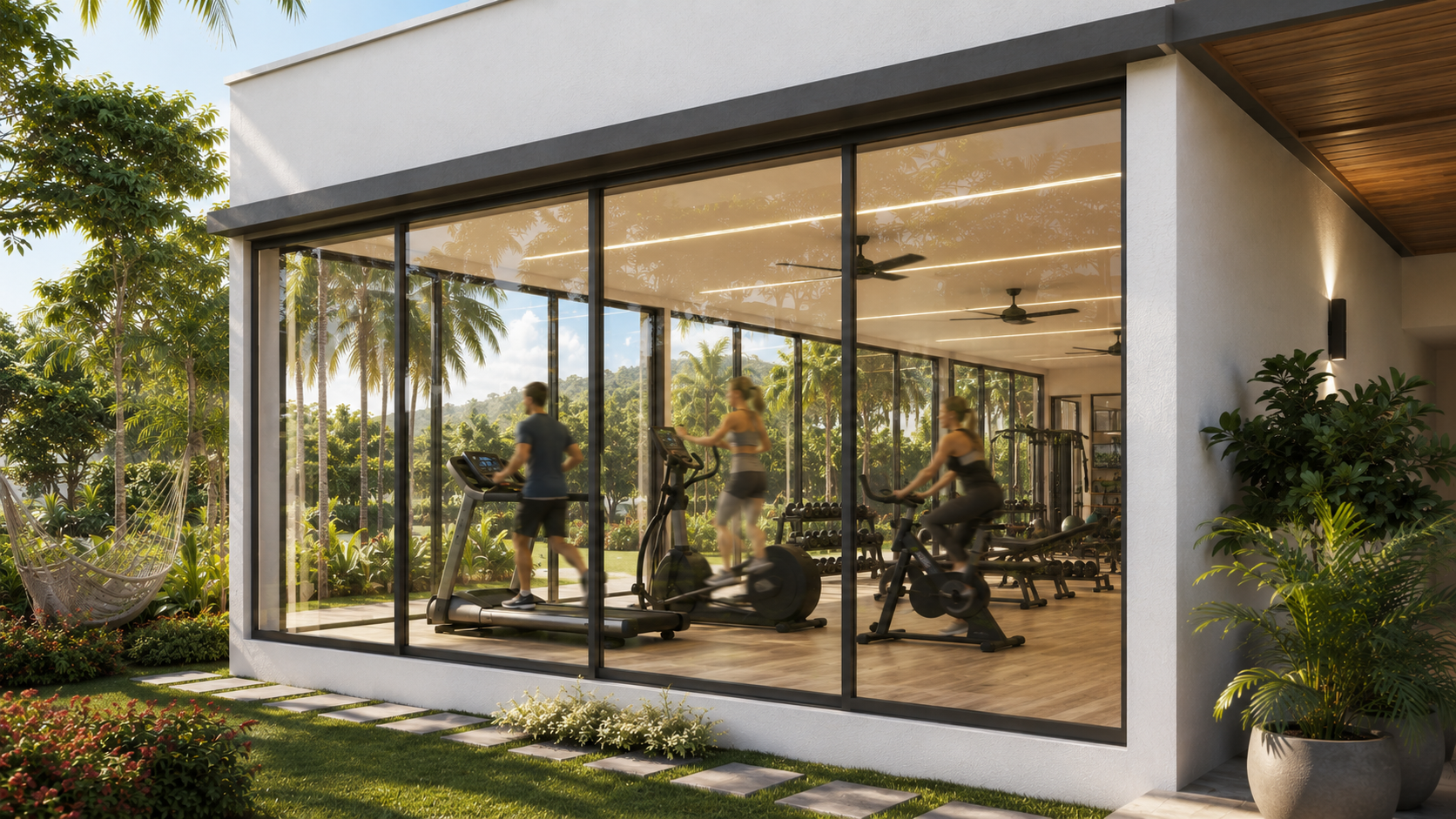 Modern gym with floor-to-ceiling windows, mountain views, and tropical nature in Valle de Samsara, Nicaragua