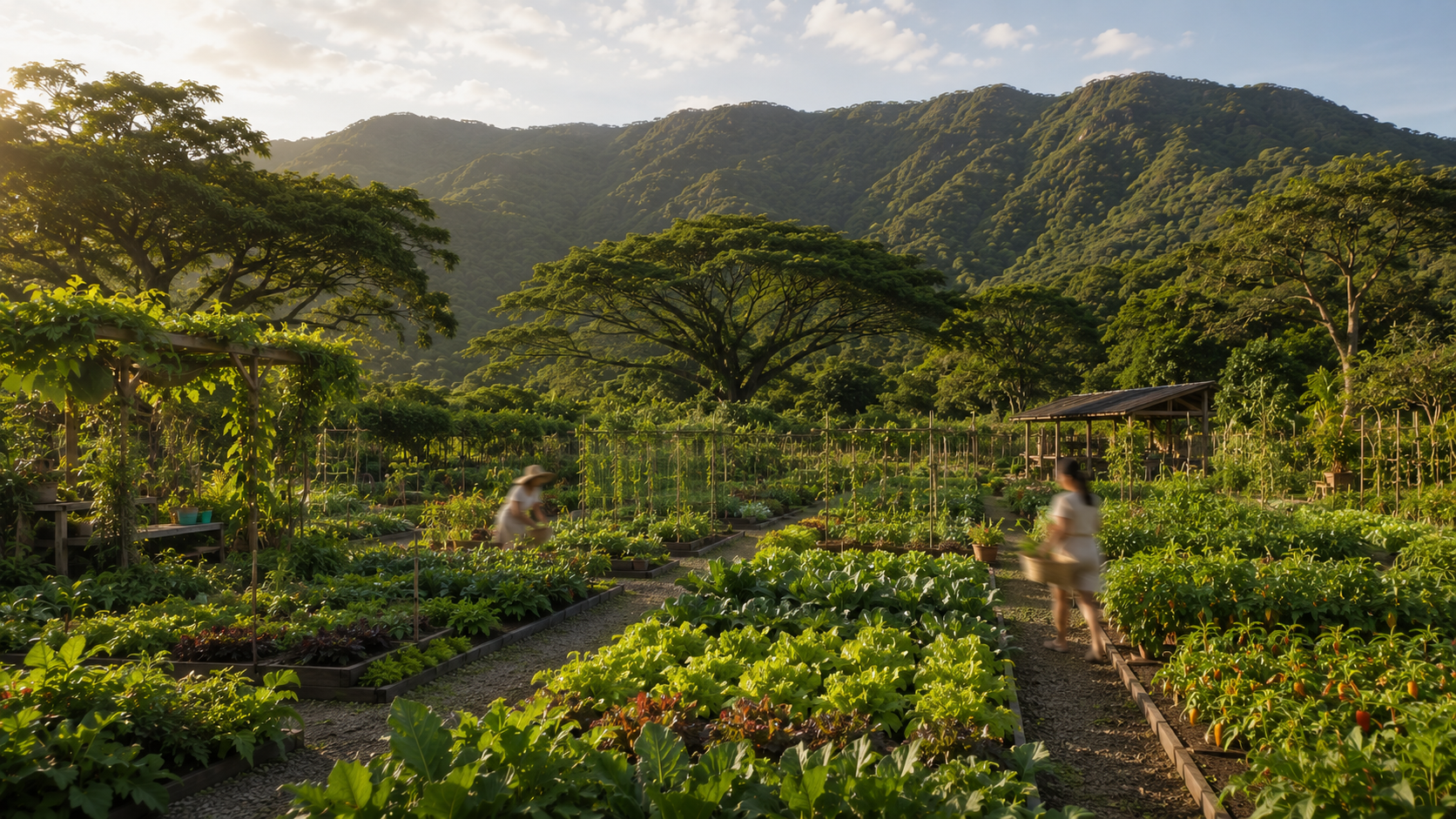 Community garden with vegetables and fruit trees, surrounded by mountains and jungle in Valle de Samsara, San Juan del Sur, Nicaragua.