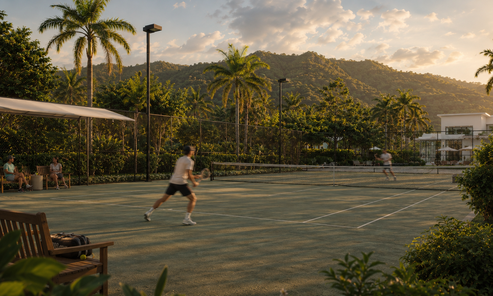 Tennis court surrounded by tropical landscaping and mountain views in Valle de Samsara, San Juan del Sur, Nicaragua.