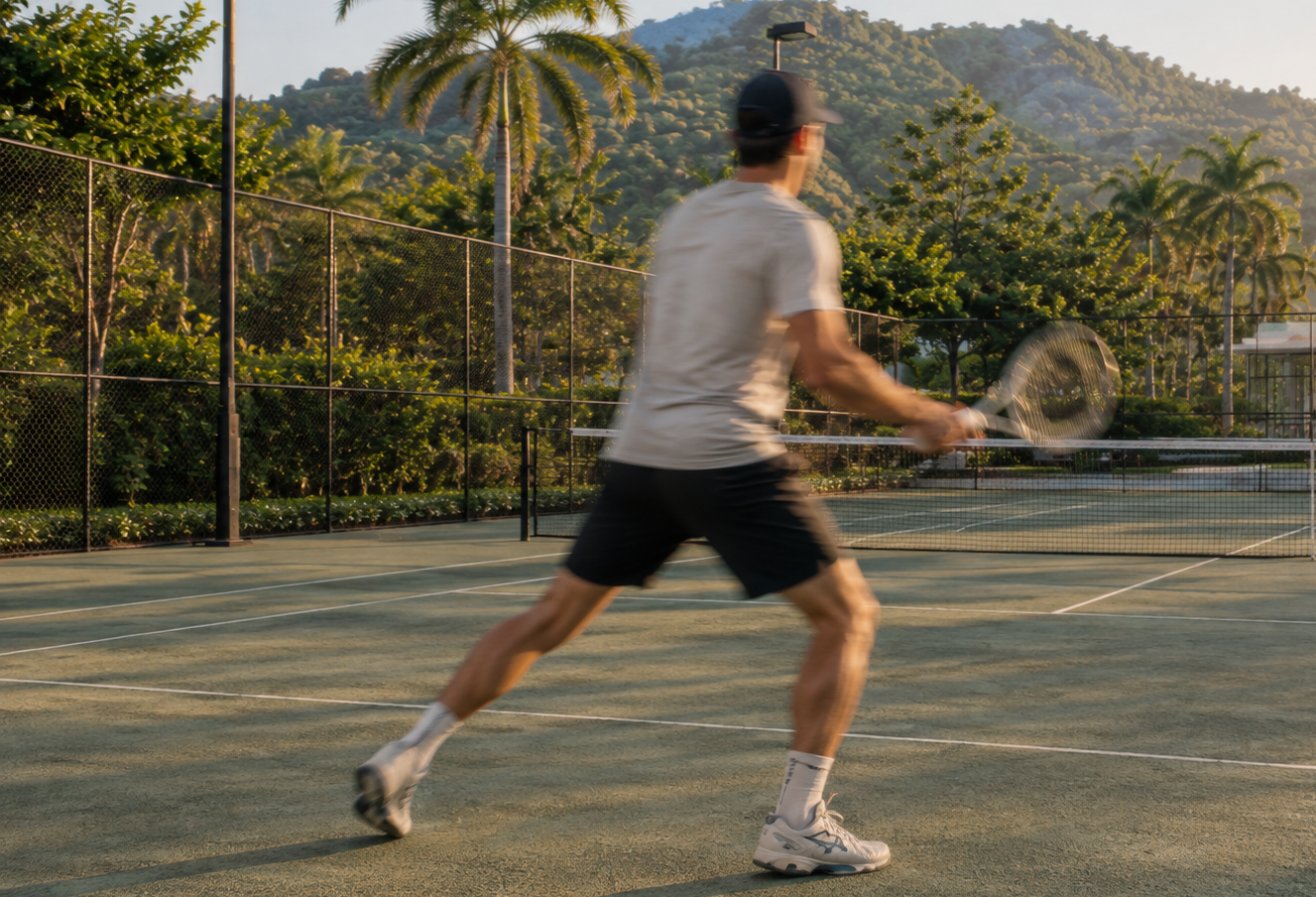 Tennis and pickleball court in Valle de Samsara gated community with mountain views and a player on the court, San Juan del Sur, Nicaragua