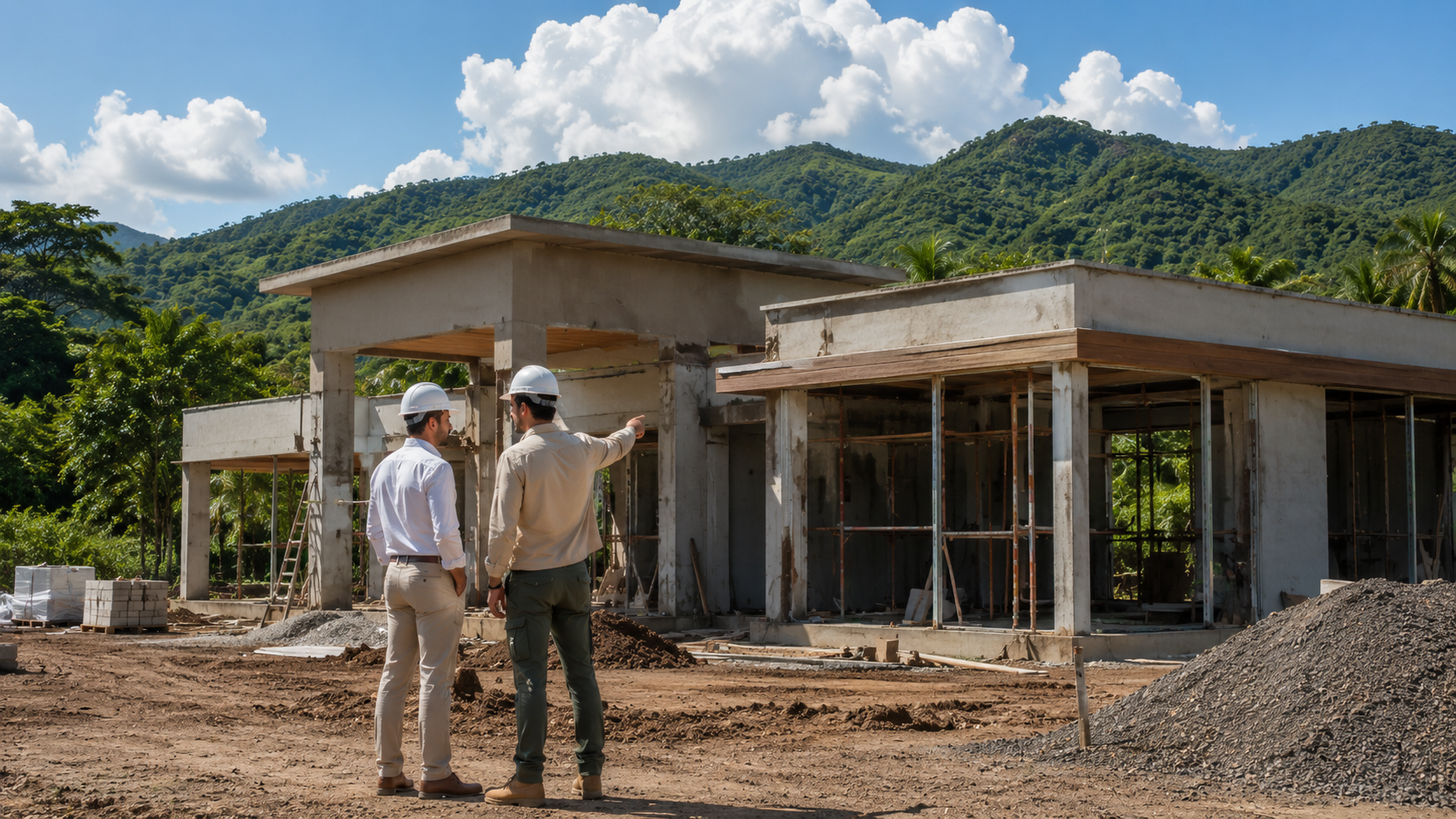 Property manager and client in conversation at a construction site with a building under construction in Valle de Samsara gated community, San Juan del Sur, Nicaragua